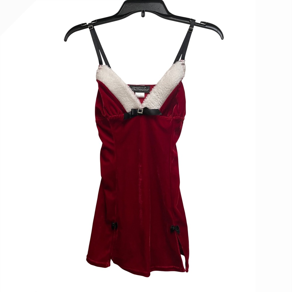 Cinema Etoile Red Velvet Mrs Claus Lingerie Set Medium Chemise Panty Stockings